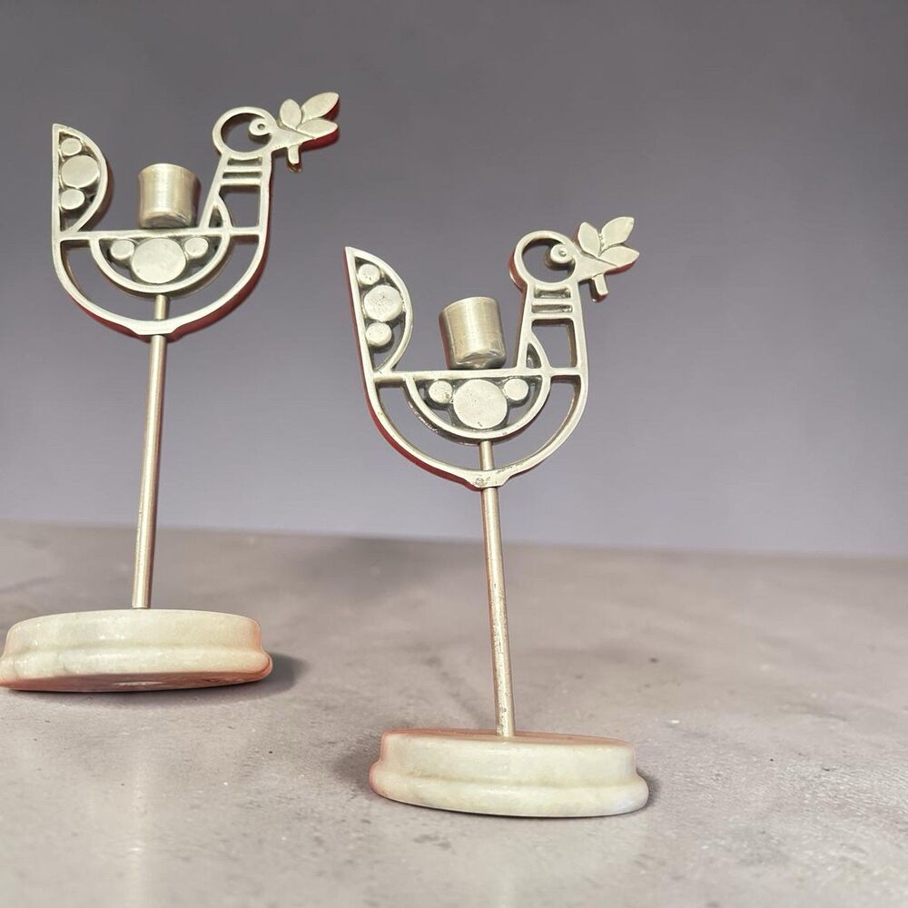 Scandinavian Style folk art Pewter Bird Candle Holder Set On Marble Base